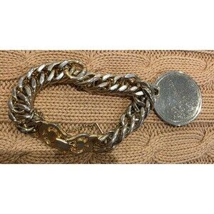 Vintage Monet Two-Tone Chunky Curb Chain Bracelet Rosemarie Disc Pendant Signed